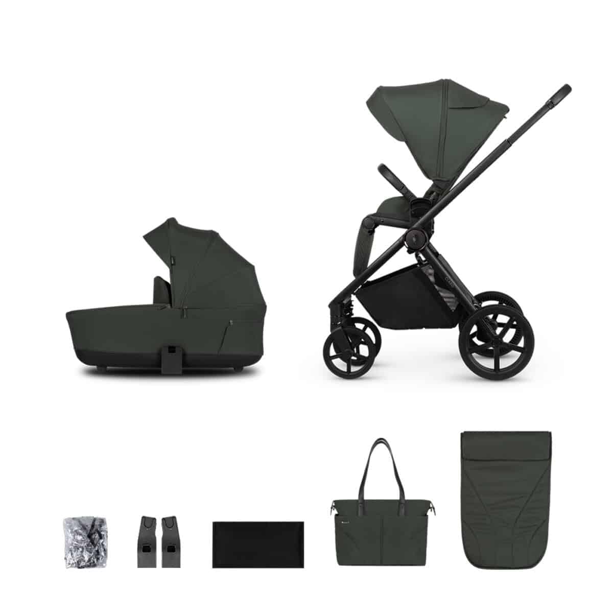 Venicci Claro 2in1 Reisesystem inklusive Kinderwagen, Maxi COSI/Cybex Adapter 8-teiliges Bundle - Forest