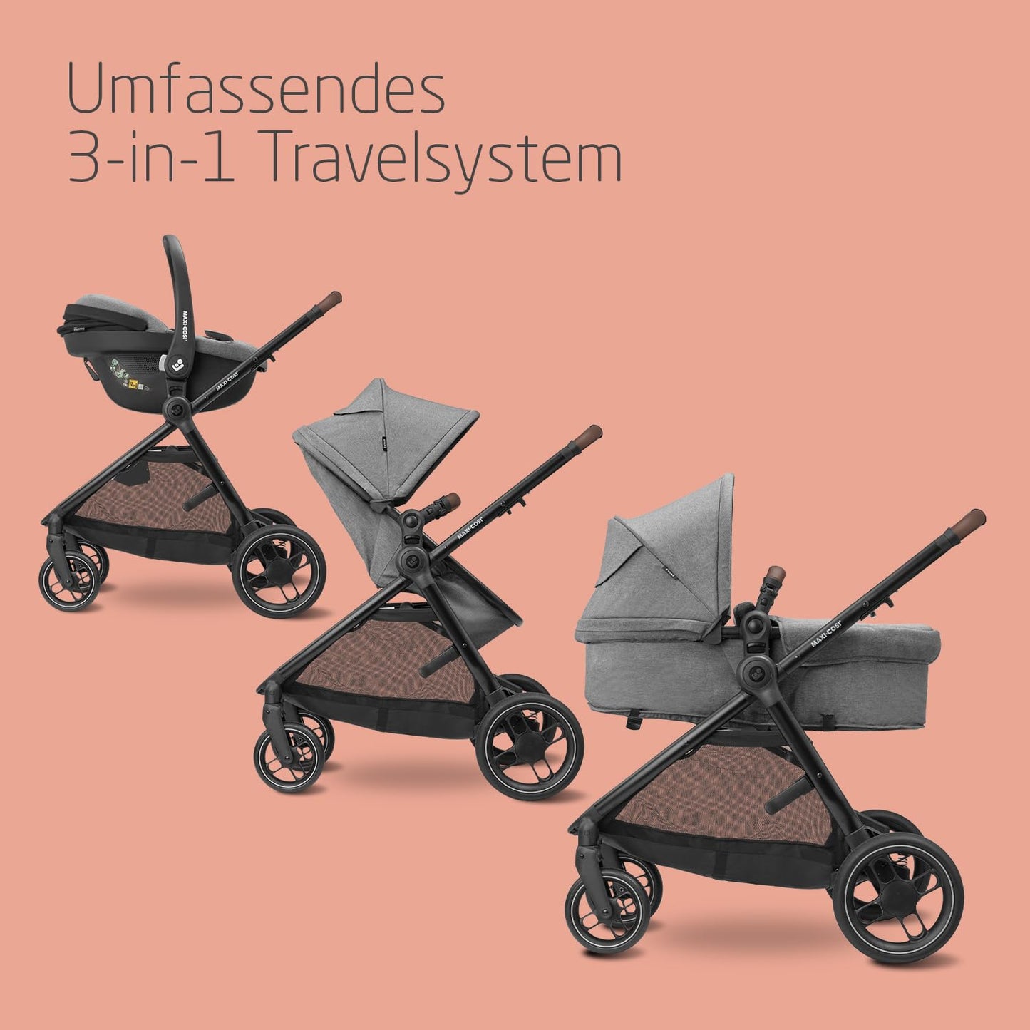 Maxi-Cosi Zelia S 3-in-1 Kinderwagen Set – inkl. CabrioFix i-Size, FamilyFix 360 Basis, 0-4J, bis 22kg, Grau/Schwarz