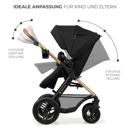 Kinderkraft MOOV2 AIR 4-in-1 Kinderwagen – bis 26kg, I-SIZE 40-75cm, Buggy, verstellbare Liegeposition, XXL-Verdeck, aufblasbare Räder, Schwarz