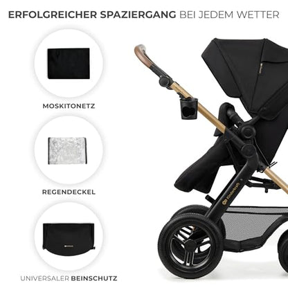 Kinderkraft MOOV2 AIR 4-in-1 Kinderwagen – bis 26kg, I-SIZE 40-75cm, Buggy, verstellbare Liegeposition, XXL-Verdeck, aufblasbare Räder, Schwarz