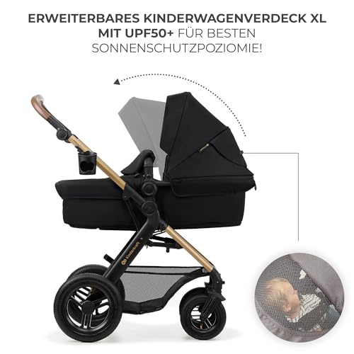 Kinderkraft MOOV2 AIR 4-in-1 Kinderwagen – bis 26kg, I-SIZE 40-75cm, Buggy, verstellbare Liegeposition, XXL-Verdeck, aufblasbare Räder, Schwarz
