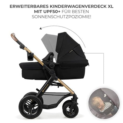 Kinderkraft MOOV2 AIR 4-in-1 Kinderwagen – bis 26kg, I-SIZE 40-75cm, Buggy, verstellbare Liegeposition, XXL-Verdeck, aufblasbare Räder, Schwarz