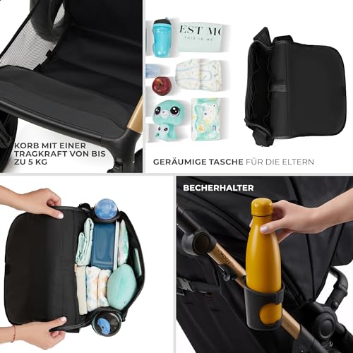 Kinderkraft MOOV2 AIR 4-in-1 Kinderwagen – bis 26kg, I-SIZE 40-75cm, Buggy, verstellbare Liegeposition, XXL-Verdeck, aufblasbare Räder, Schwarz