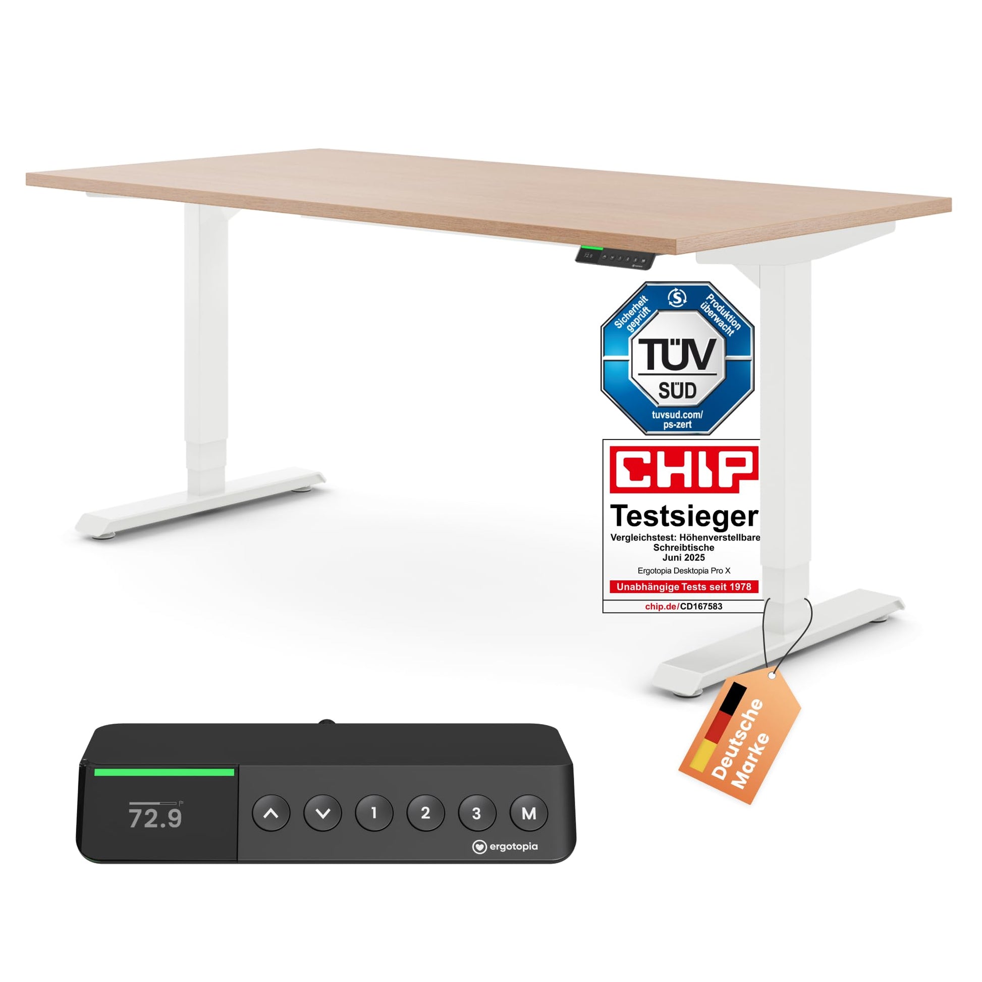 Ergotopia Desktopia Pro X Elektrisch höhenverstellbarer Schreibtisch, Ergonomischer Stehtisch für Büro oder Home Office (Weiß, Gestell Weiß, 180 x 80 cm)