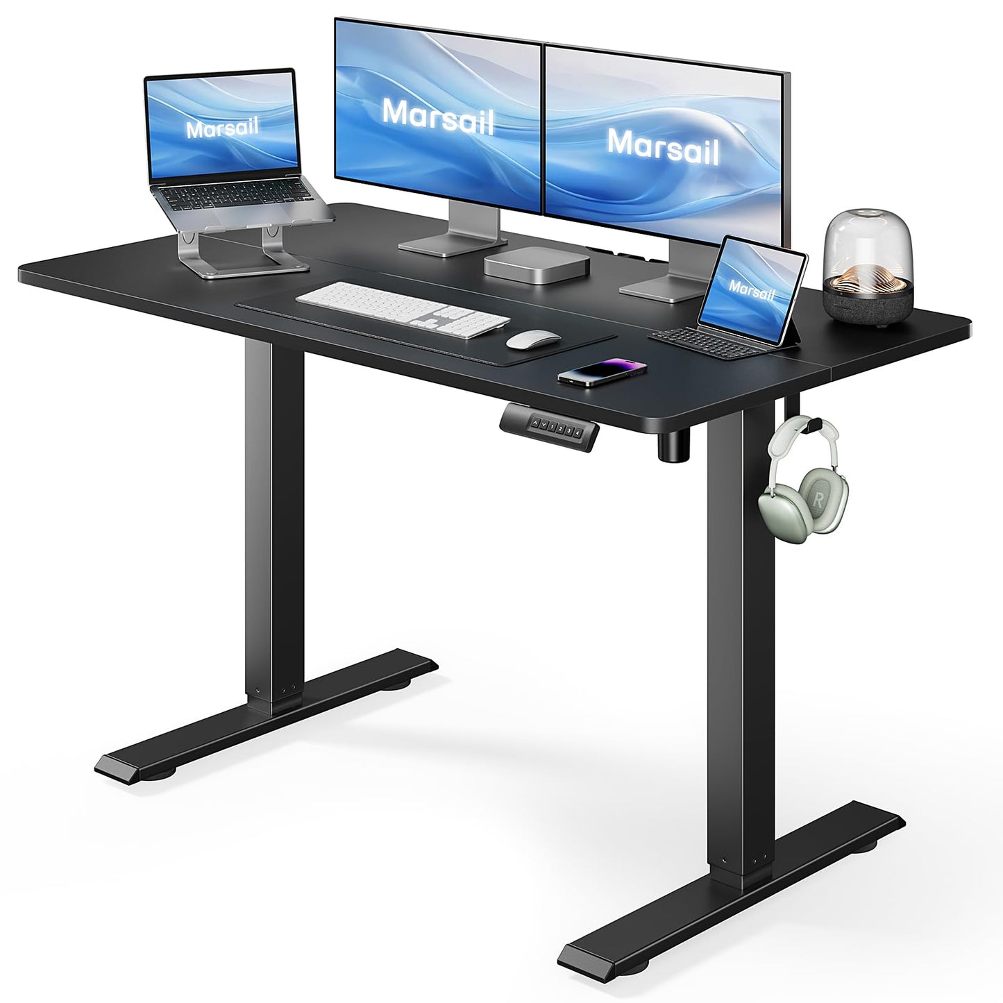 Marsail Elektrischer Stehpult, höhenverstellbar, Heimbüro, Schreibtisch, groß, 140 x 61 cm, Sitz-Steh-Computertisch, mit 4 Speichervoreinstellungen, Kopfhörerhaken, Kabel-Organizer, rustikales Braun