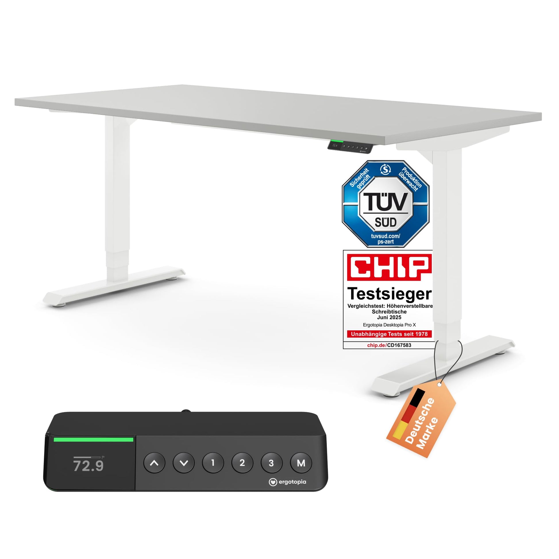 Ergotopia Desktopia Pro X Elektrisch höhenverstellbarer Schreibtisch, Ergonomischer Stehtisch für Büro oder Home Office (Weiß, Gestell Weiß, 180 x 80 cm)