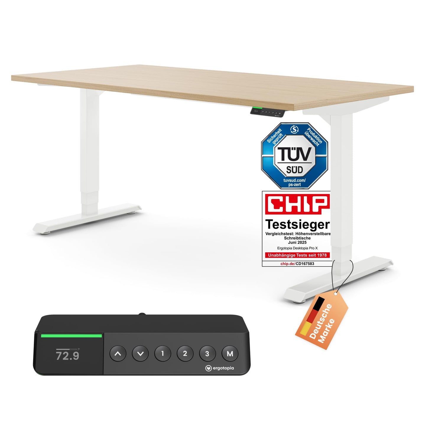 Ergotopia Desktopia Pro X Elektrisch höhenverstellbarer Schreibtisch, Ergonomischer Stehtisch für Büro oder Home Office (Weiß, Gestell Weiß, 180 x 80 cm)