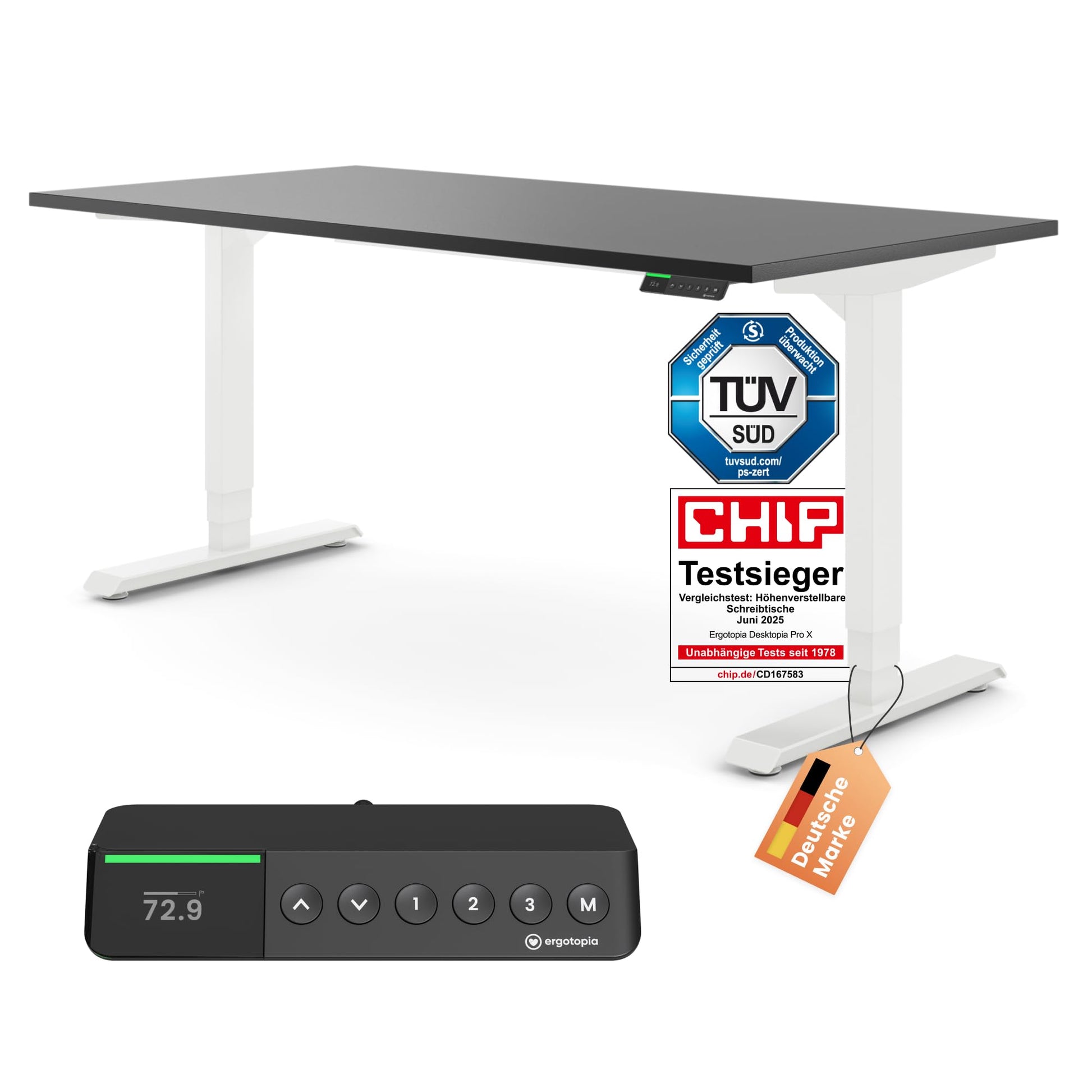Ergotopia Desktopia Pro X Elektrisch höhenverstellbarer Schreibtisch, Ergonomischer Stehtisch für Büro oder Home Office (Weiß, Gestell Weiß, 180 x 80 cm)