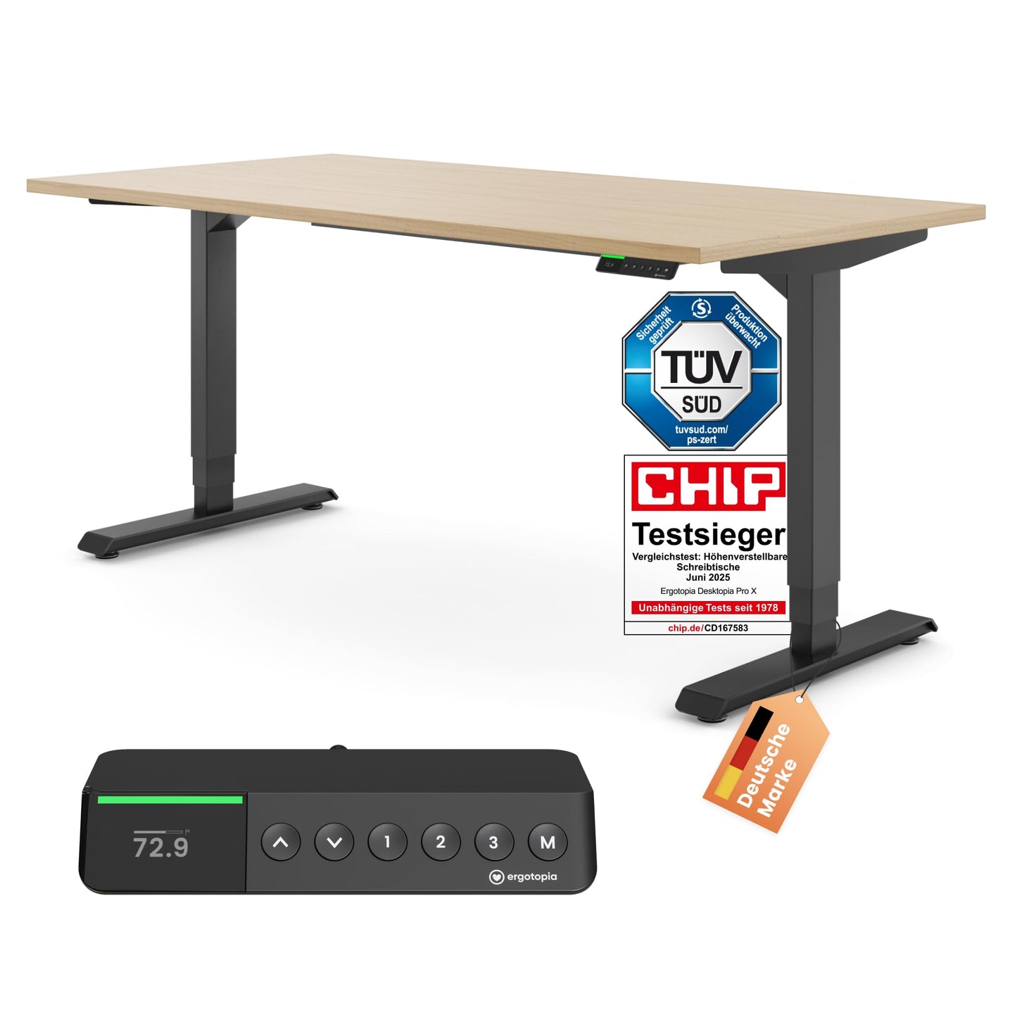 Ergotopia Desktopia Pro X Elektrisch höhenverstellbarer Schreibtisch, Ergonomischer Stehtisch für Büro oder Home Office (Weiß, Gestell Weiß, 180 x 80 cm)