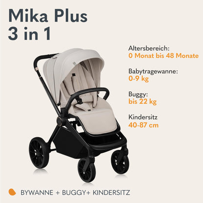 LIONELO MIKA PLUS 3-in-1 Buggy 0-48M – Babywagen 22kg, Kindersitz 9kg, Babytrage 13kg, verstellbare Lehne, Dämpfung, 360° Räder