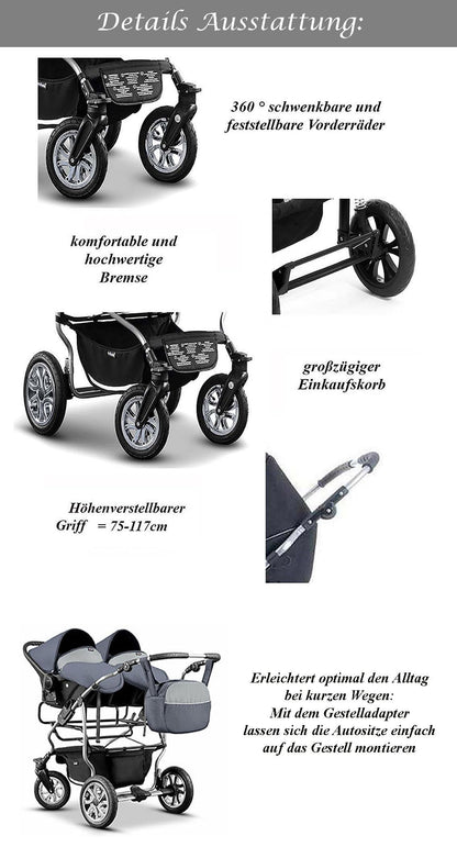 Zwillingskinderwagen 3 in 1 City Twin inkl. Autositze - 15 Teile - in 19 Farben