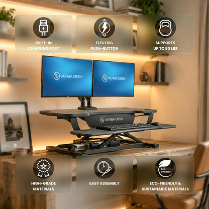 VERSADESK PowerPro Elektrischer Stehpult-Konverter, 122 cm, höhenverstellbar, Sitz-Steh-Schreibtischerhöhung für mehrere Monitore, motorisierter Desktop-Arbeitsplatz mit breiter Tastaturablage