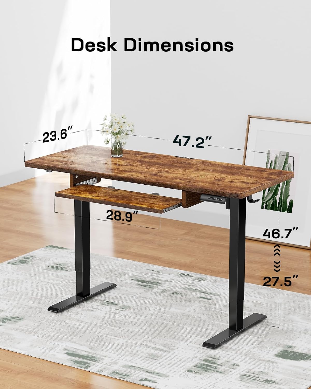 Marsail Elektrischer Stehpult mit ergonomischer Tastaturablage, verstellbarer Schreibtisch mit 69,8 cm bis 118,6 cm Höhenbereich, 4 Speichervoreinstellungen, sanftes und leises Anheben, 121,9 x 61 cm,