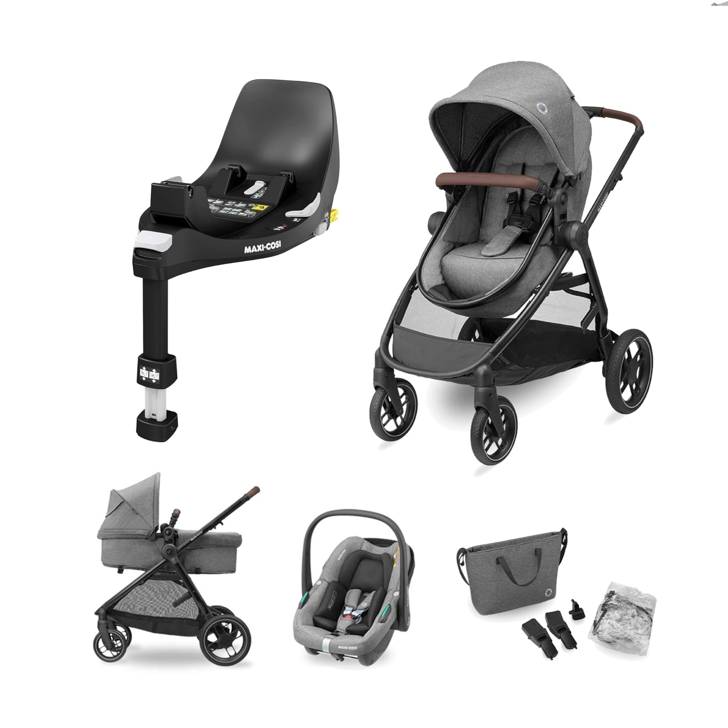 Maxi-Cosi Zelia S 3-in-1 Kinderwagen Set – inkl. CabrioFix i-Size, FamilyFix 360 Basis, 0-4J, bis 22kg, Grau/Schwarz