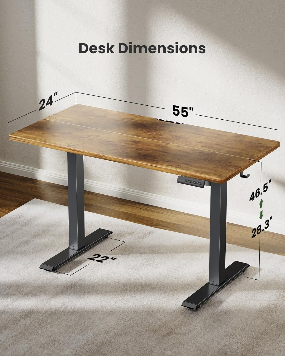 Marsail Elektrischer Stehpult, höhenverstellbar, Heimbüro, Schreibtisch, groß, 140 x 61 cm, Sitz-Steh-Computertisch, mit 4 Speichervoreinstellungen, Kopfhörerhaken, Kabel-Organizer, rustikales Braun