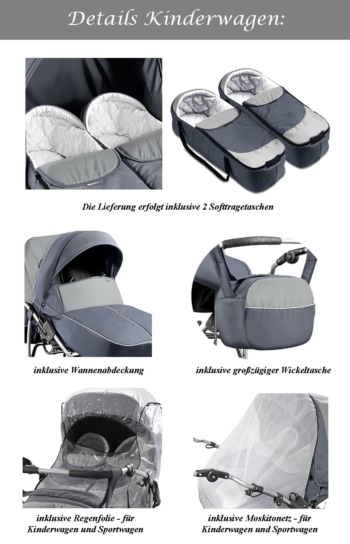 Zwillingskinderwagen 3 in 1 City Twin inkl. Autositze - 15 Teile - in 19 Farben