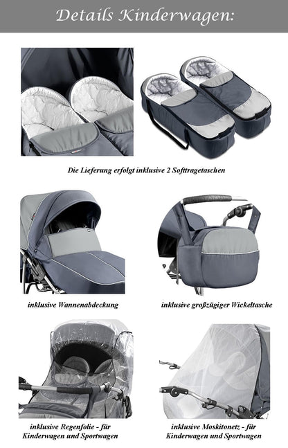 Zwillingskinderwagen 3 in 1 City Twin inkl. Autositze - 15 Teile - in 19 Farben