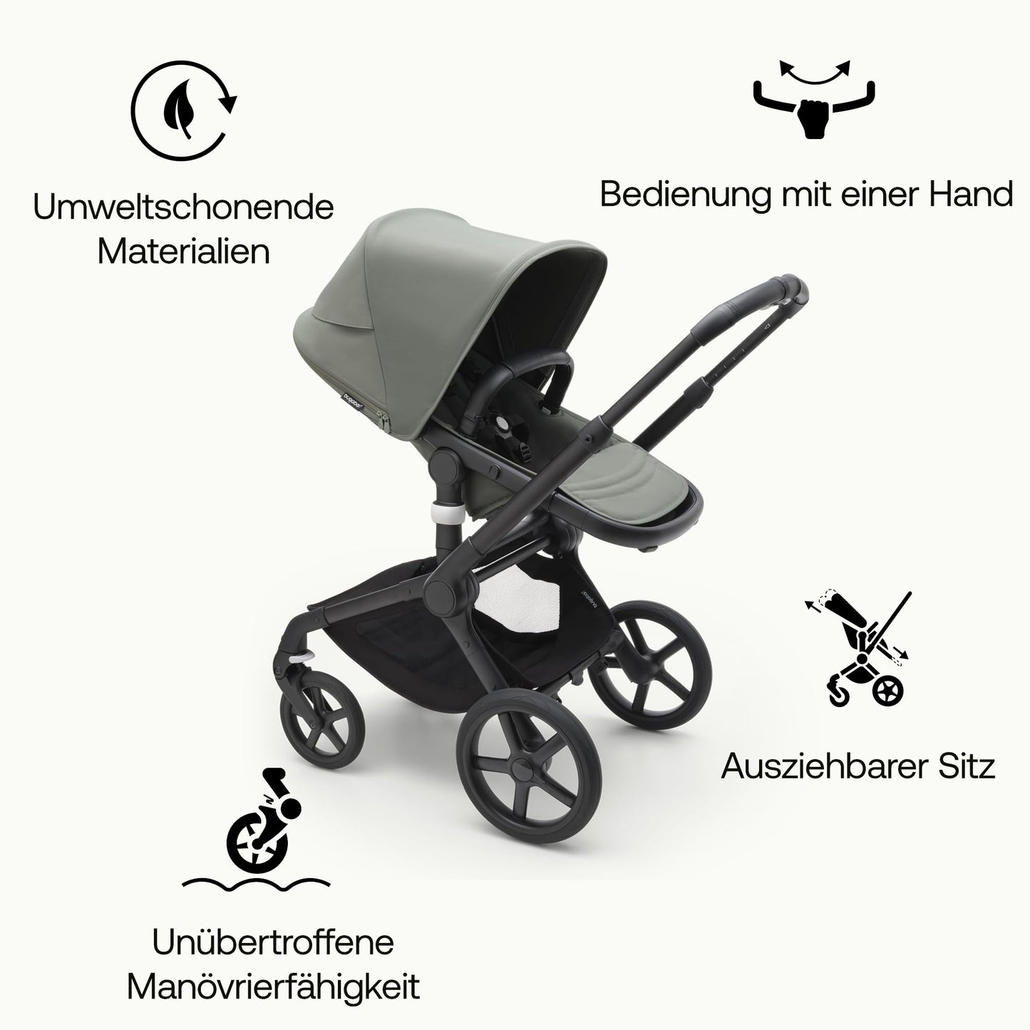 „Bugaboo Fox 5 2-in-1 Kinderwagen – Geländetauglich, Liegewanne &amp; Sitz, Ein-Hand Faltung, Schwarz/Forest Green