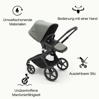 „Bugaboo Fox 5 2-in-1 Kinderwagen – Geländetauglich, Liegewanne &amp; Sitz, Ein-Hand Faltung, Schwarz/Forest Green