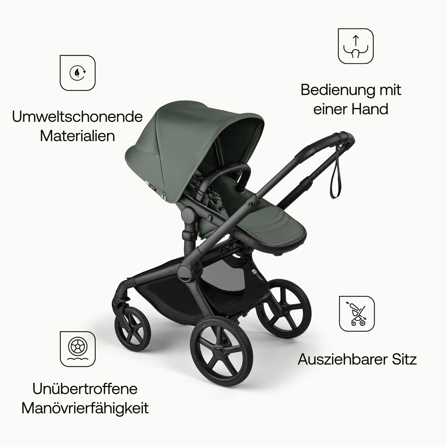 Bugaboo Fox 5 Renew 2-in-1 Kinderwagen, All-Terrain mit Liegewanne, ausziehbarem Sitz &amp; Ein-Hand-Faltung, Schwarz/Forest Green