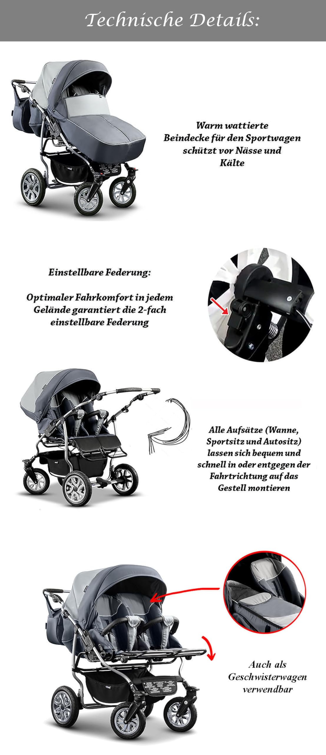 Zwillingskinderwagen 3 in 1 City Twin inkl. Autositze - 15 Teile - in 19 Farben