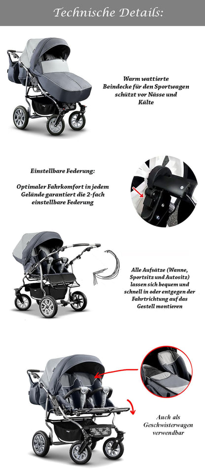 Zwillingskinderwagen 3 in 1 City Twin inkl. Autositze - 15 Teile - in 19 Farben