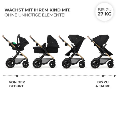 Kinderkraft MOOV2 AIR 4-in-1 Kinderwagen – bis 26kg, I-SIZE 40-75cm, Buggy, verstellbare Liegeposition, XXL-Verdeck, aufblasbare Räder, Schwarz