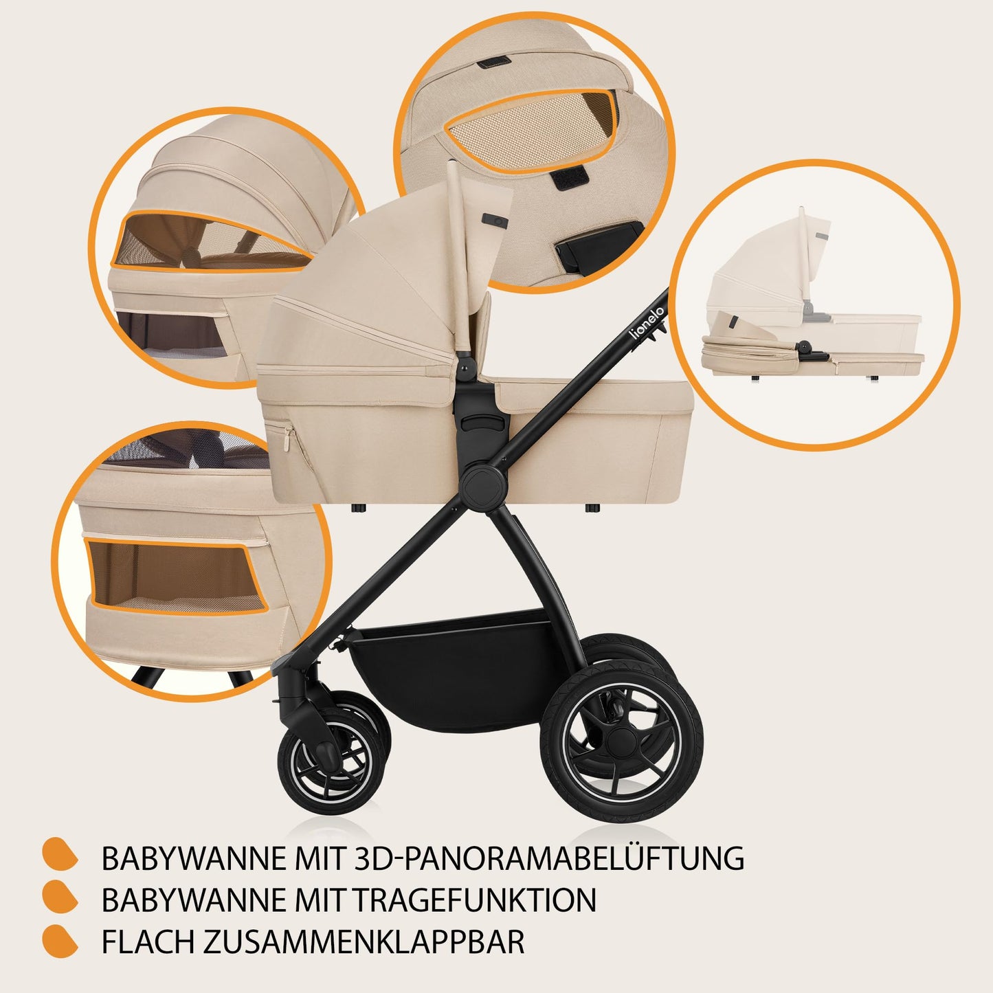 LIONELO MERIL 3-in-1 Kinderwagen 0-48M – Babywanne 9kg, Sitz 13kg, 360° Geländeräder, Vollfederung, XXL-Verdeck UPF50+