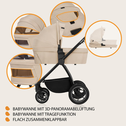 LIONELO MERIL 3-in-1 Kinderwagen 0-48M – Babywanne 9kg, Sitz 13kg, 360° Geländeräder, Vollfederung, XXL-Verdeck UPF50+