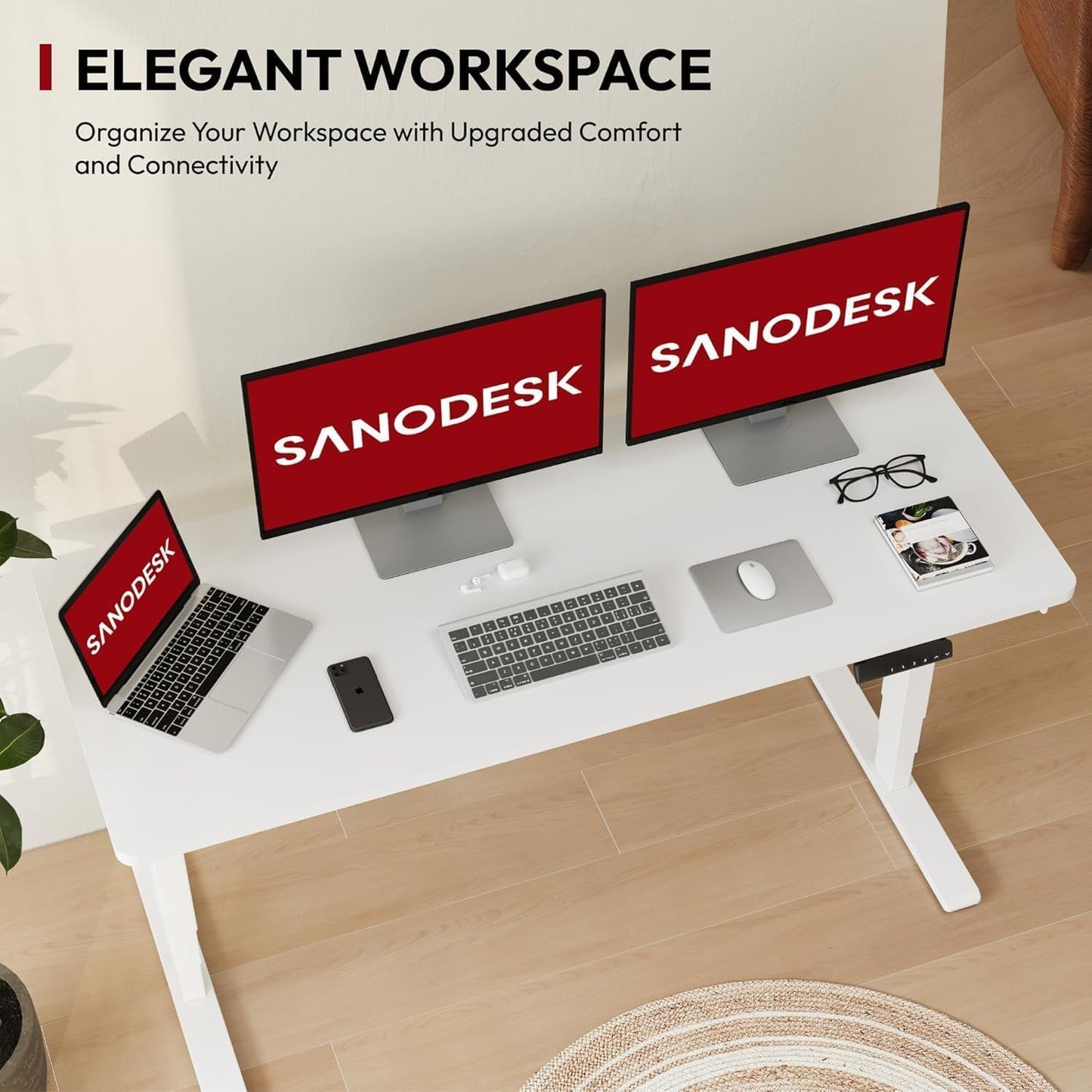 SANODESK Höhenverstellbarer Schreibtisch 120×80 cm, Dual-Motor Steh-Sitz Tisch mit 3-stufigen Beinen & USB, leises Premium-System mit Memory-Funktion und Kollisionsschutz (Weiß+Weiß)