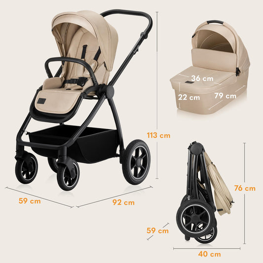 LIONELO MERIL 3-in-1 Kinderwagen 0-48M – Babywanne 9kg, Sitz 13kg, 360° Geländeräder, Vollfederung, XXL-Verdeck UPF50+