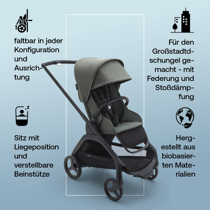 Bugaboo Dragonfly City-Kinderwagen – leicht &amp; kompakt, Vierradfederung, einhändig klappbar, XL Korb, Black/Forest Green