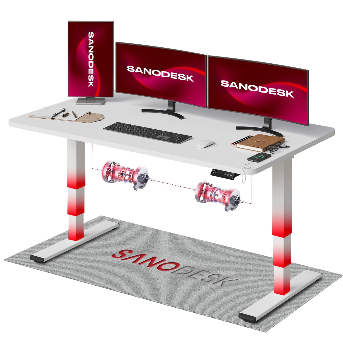 SANODESK Höhenverstellbarer Schreibtisch 120×80 cm, Dual-Motor Steh-Sitz Tisch mit 3-stufigen Beinen & USB, leises Premium-System mit Memory-Funktion und Kollisionsschutz (Weiß+Weiß)
