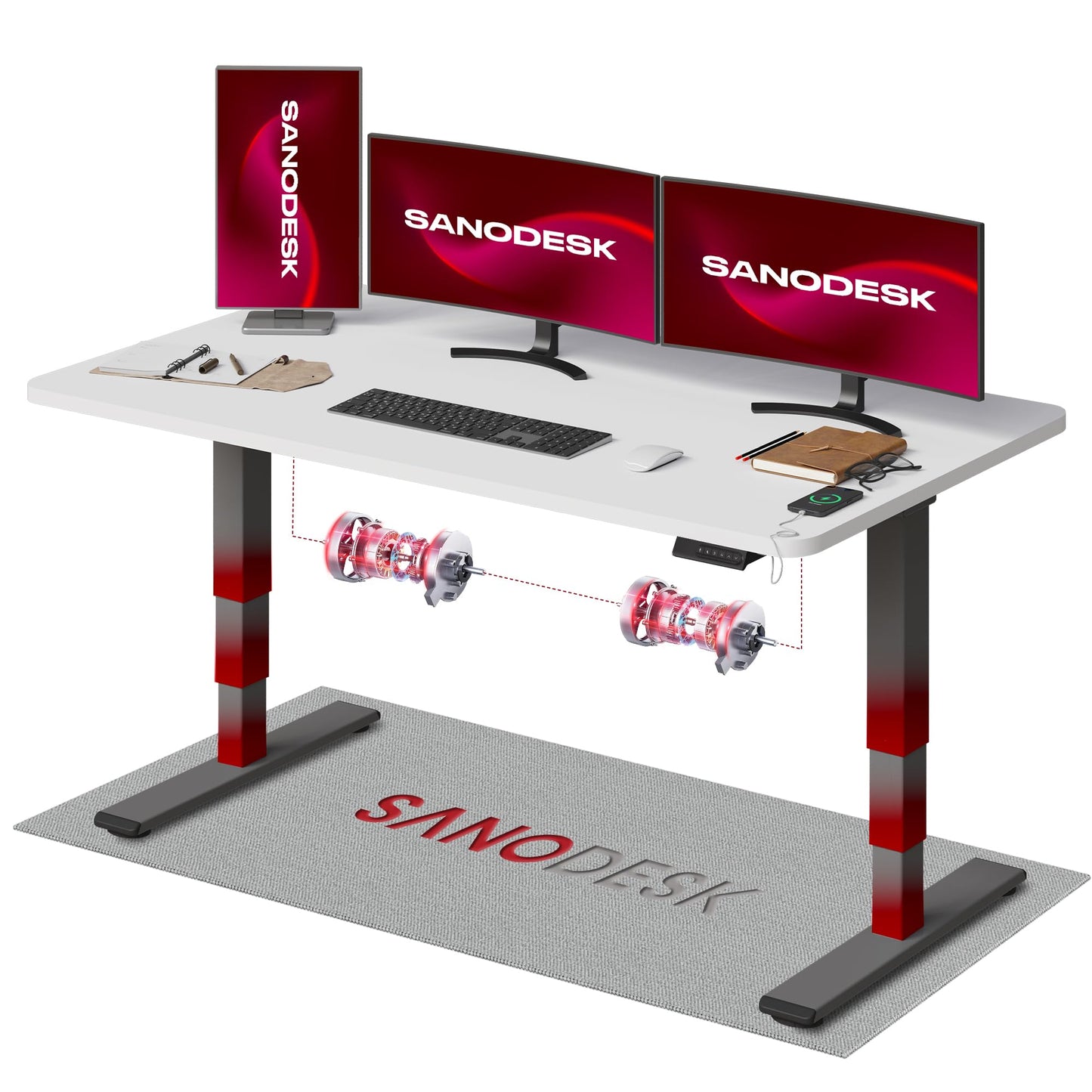 SANODESK Höhenverstellbarer Schreibtisch 120×80 cm, Dual-Motor Steh-Sitz Tisch mit 3-stufigen Beinen & USB, leises Premium-System mit Memory-Funktion und Kollisionsschutz (Weiß+Weiß)