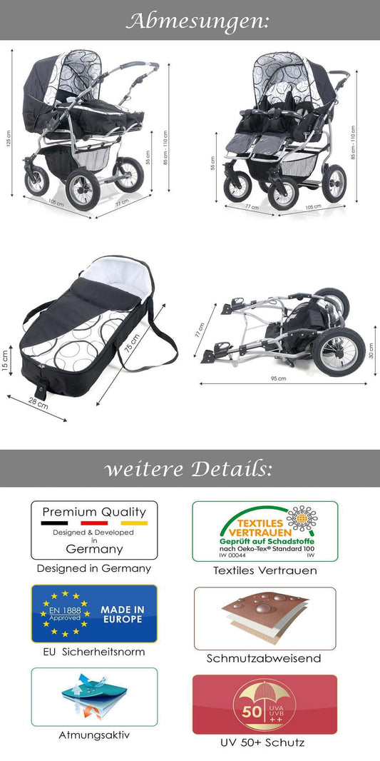 Zwillingskinderwagen 3 in 1 City Twin inkl. Autositze - 15 Teile - in 19 Farben