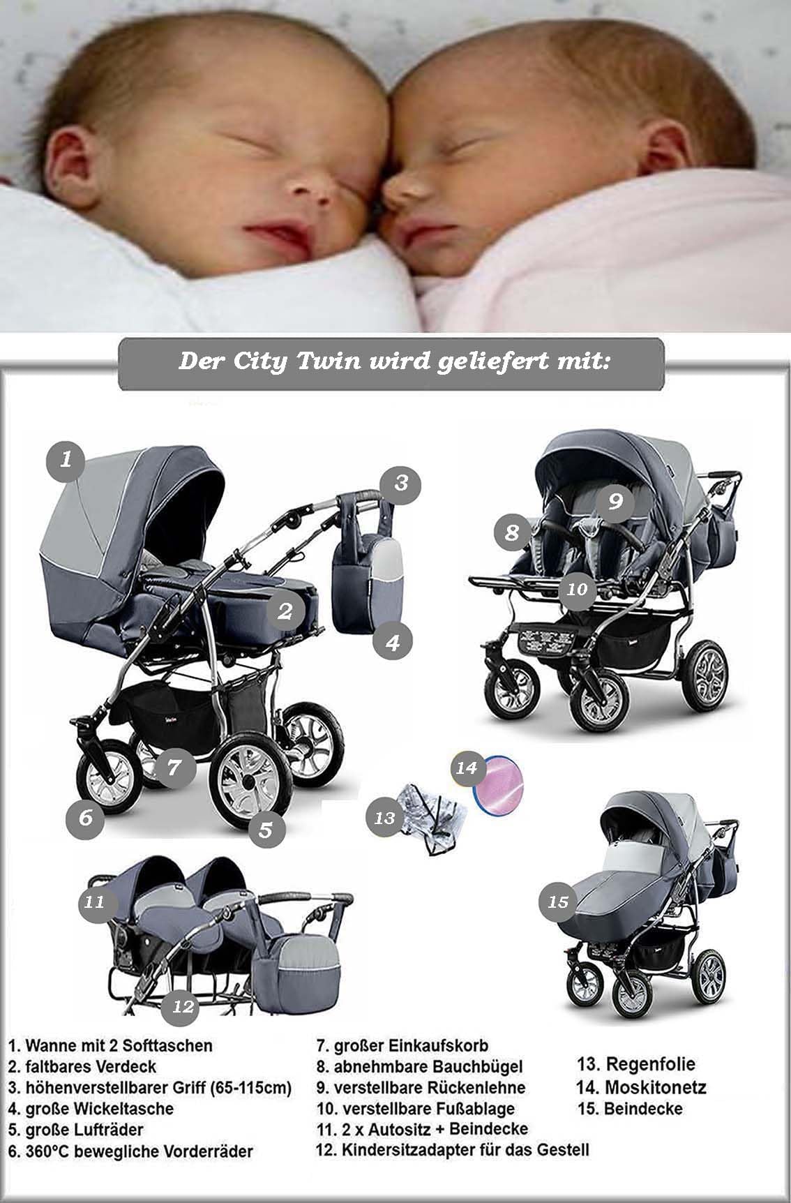 Zwillingskinderwagen 3 in 1 City Twin inkl. Autositze - 15 Teile - in 19 Farben