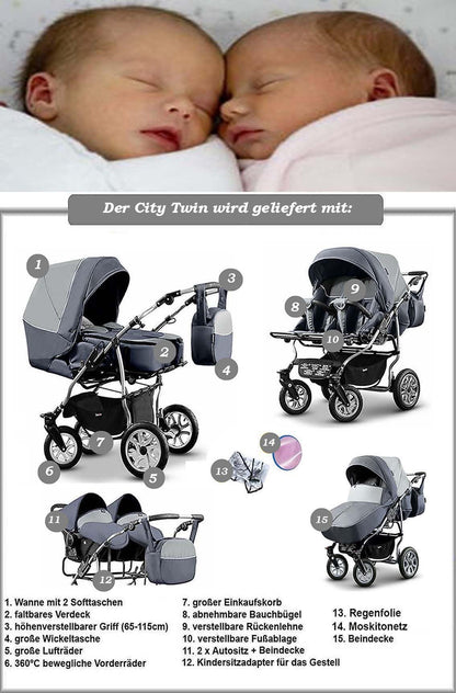 Zwillingskinderwagen 3 in 1 City Twin inkl. Autositze - 15 Teile - in 19 Farben
