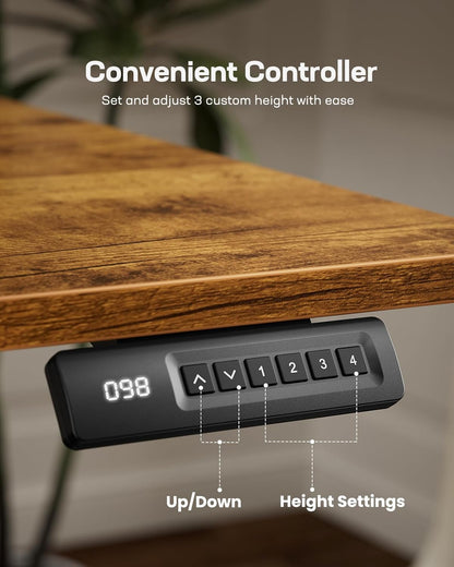 Marsail Elektrischer Stehpult, höhenverstellbar, Heimbüro, Schreibtisch, groß, 140 x 61 cm, Sitz-Steh-Computertisch, mit 4 Speichervoreinstellungen, Kopfhörerhaken, Kabel-Organizer, rustikales Braun