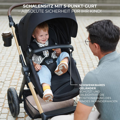 Kinderkraft MOOV2 AIR 4-in-1 Kinderwagen – bis 26kg, I-SIZE 40-75cm, Buggy, verstellbare Liegeposition, XXL-Verdeck, aufblasbare Räder, Schwarz