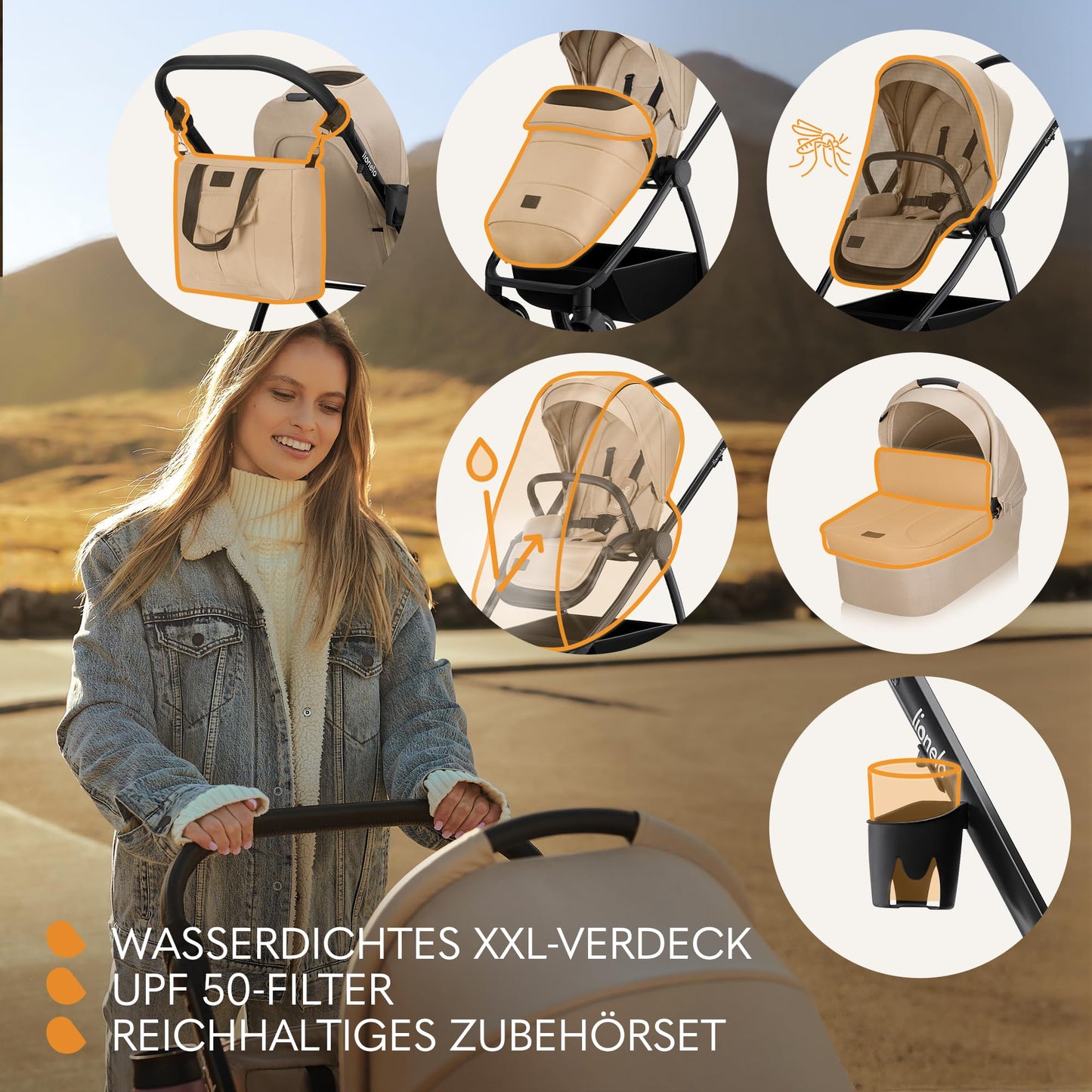 LIONELO MERIL 3-in-1 Kinderwagen 0-48M – Babywanne 9kg, Sitz 13kg, 360° Geländeräder, Vollfederung, XXL-Verdeck UPF50+