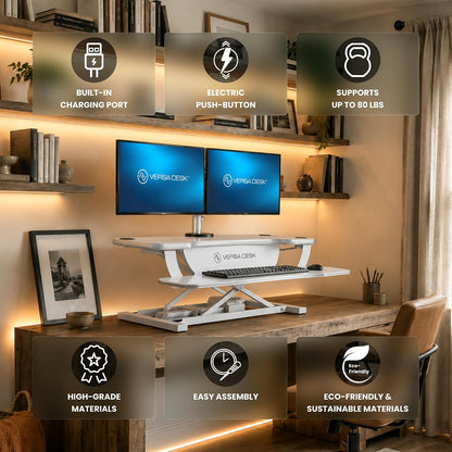VERSADESK® PowerPro Stehtisch-Konverter, 91,4 x 61 cm, elektrisch, höhenverstellbar, Sitz-zu-Steh-Schreibtischerhöhung mit Tastaturablage und USB-Hub, ergonomischer Arbeitsplatz für Zuhause und Büro,