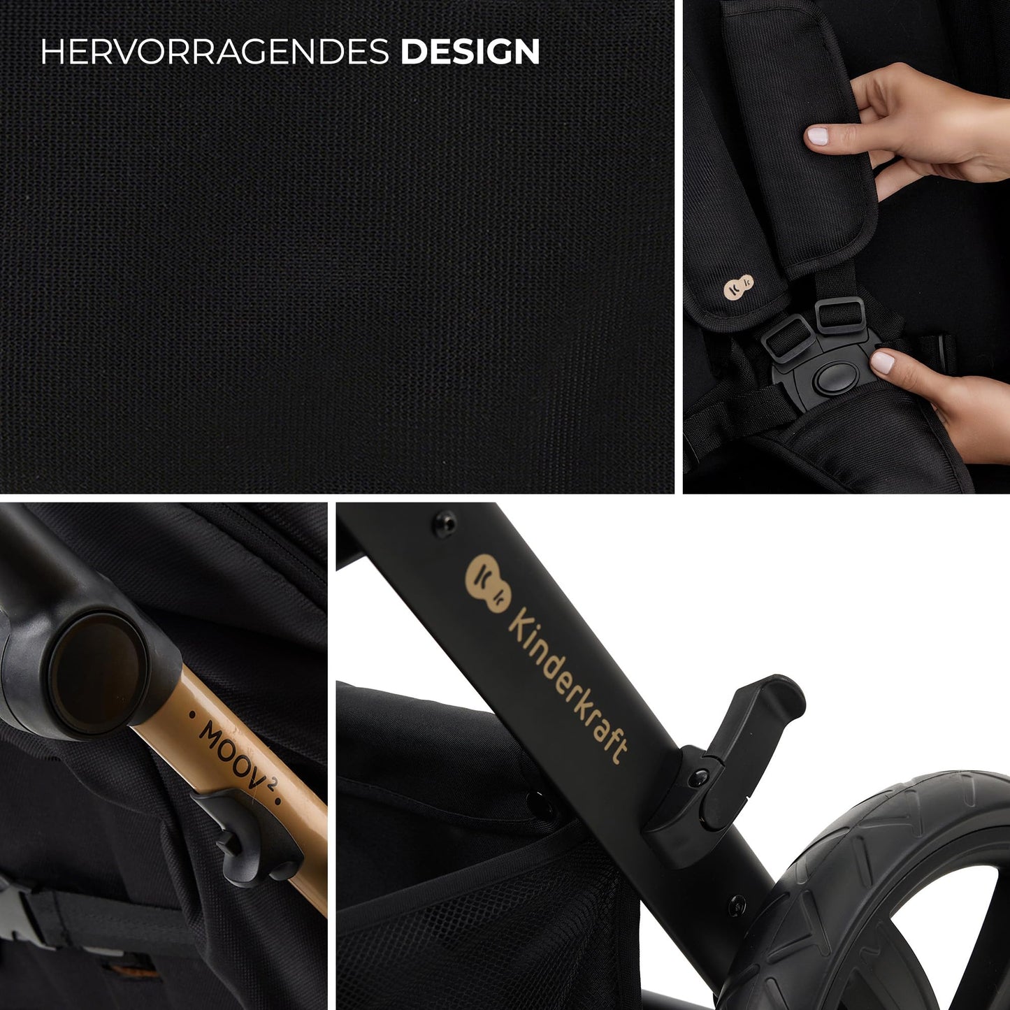 Kinderkraft MOOV2 AIR 4-in-1 Kinderwagen – bis 26kg, I-SIZE 40-75cm, Buggy, verstellbare Liegeposition, XXL-Verdeck, aufblasbare Räder, Schwarz