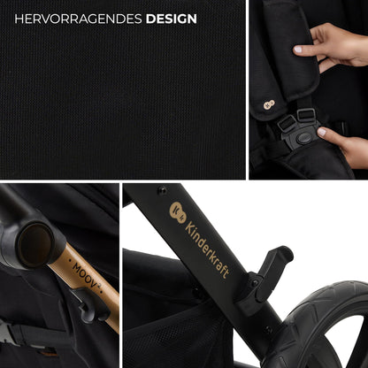 Kinderkraft MOOV2 AIR 4-in-1 Kinderwagen – bis 26kg, I-SIZE 40-75cm, Buggy, verstellbare Liegeposition, XXL-Verdeck, aufblasbare Räder, Schwarz