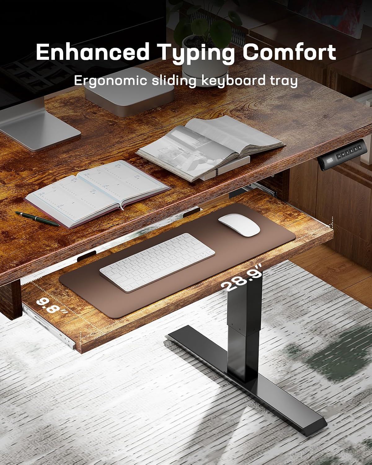 Marsail Elektrischer Stehpult mit ergonomischer Tastaturablage, verstellbarer Schreibtisch mit 69,8 cm bis 118,6 cm Höhenbereich, 4 Speichervoreinstellungen, sanftes und leises Anheben, 121,9 x 61 cm,