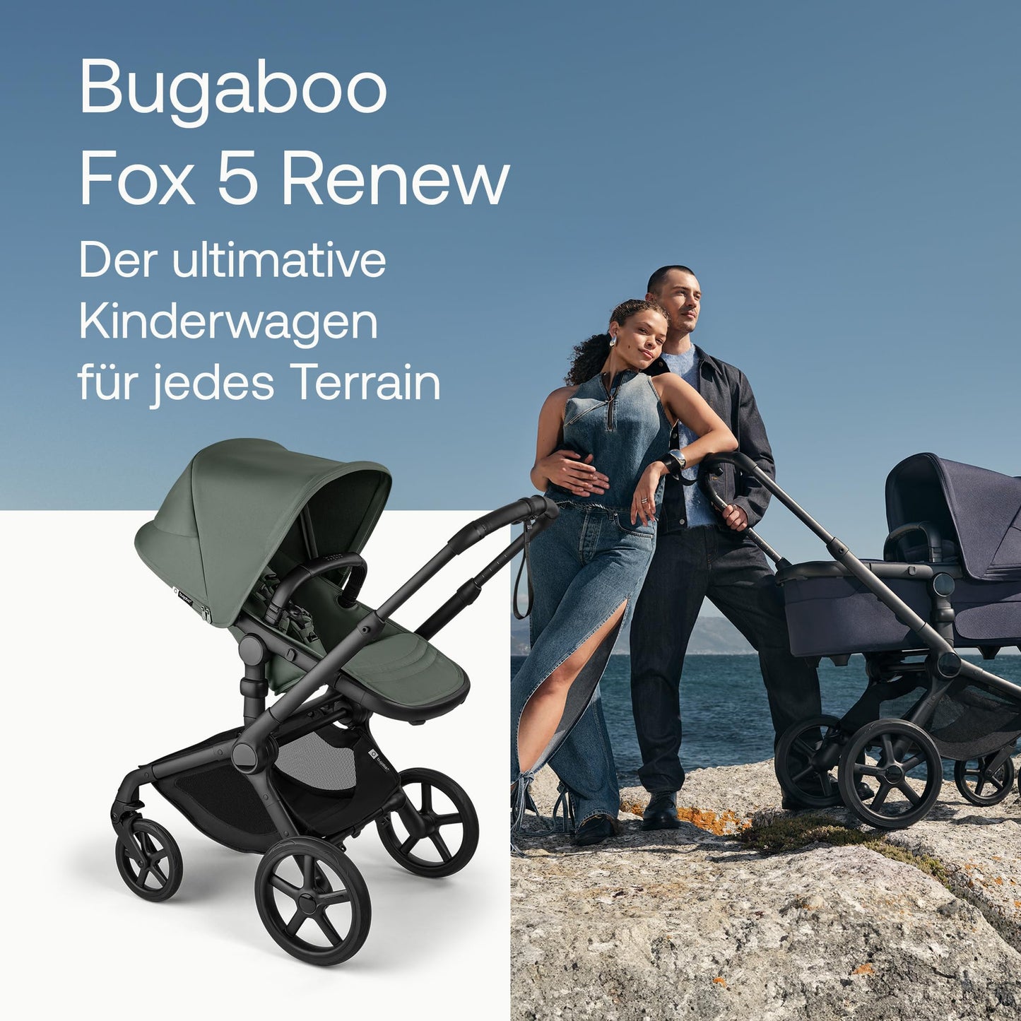 Bugaboo Fox 5 Renew 2-in-1 Kinderwagen, All-Terrain mit Liegewanne, ausziehbarem Sitz &amp; Ein-Hand-Faltung, Schwarz/Forest Green