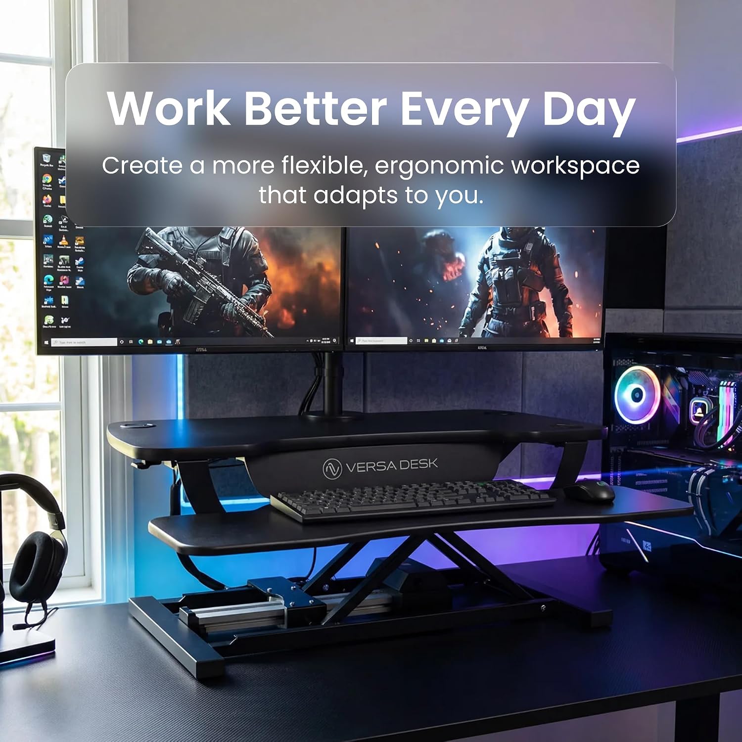 VERSADESK PowerPro™ Elektrischer Stehtisch-Konverter, höhenverstellbar, Sitz- und Stehpult-Erhöhung, Laptop- und Dual-Monitor-Desktop-Arbeitsplatz mit breiter Tastaturablage und USB-Anschluss, Schwarz