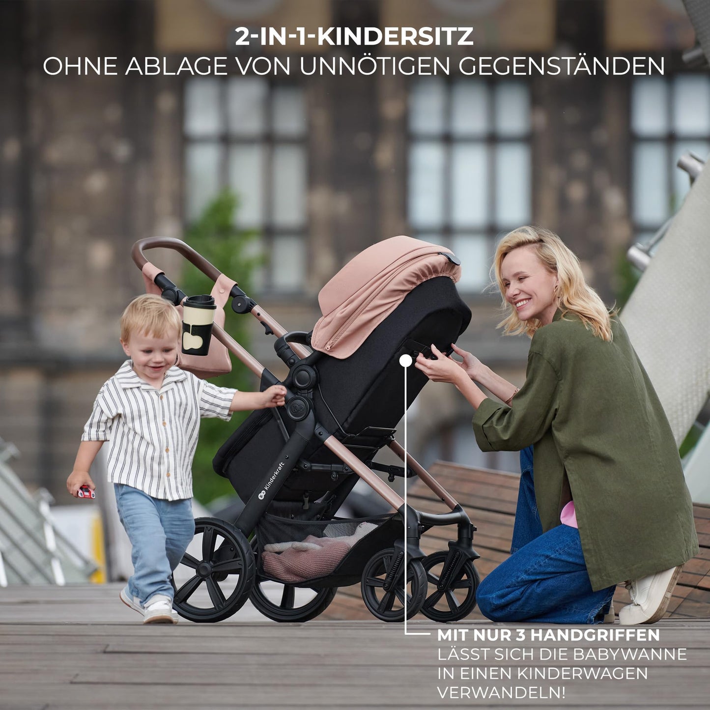 Kinderkraft MOOV2 AIR 4-in-1 Kinderwagen – bis 26kg, I-SIZE 40-75cm, Buggy, verstellbare Liegeposition, XXL-Verdeck, aufblasbare Räder, Schwarz