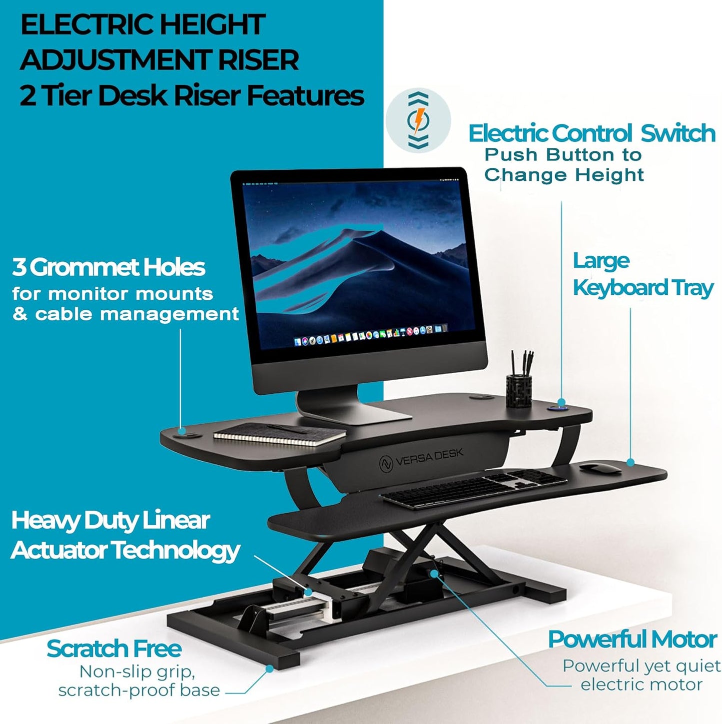 VERSADESK PowerPro Elektrischer Stehpult-Konverter, 122 cm, höhenverstellbar, Sitz-Steh-Schreibtischerhöhung für mehrere Monitore, motorisierter Desktop-Arbeitsplatz mit breiter Tastaturablage