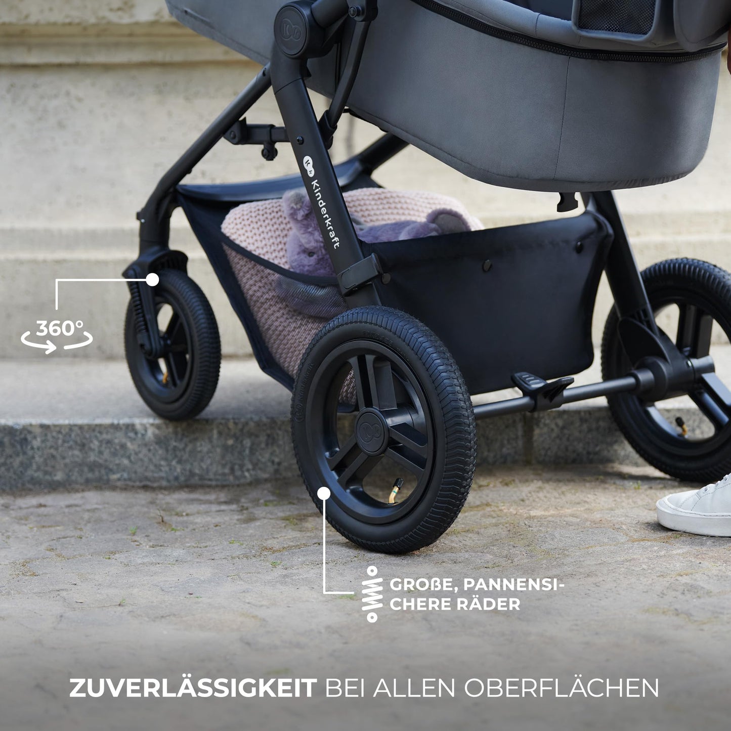 Kinderkraft MOOV2 AIR 4-in-1 Kinderwagen – bis 26kg, I-SIZE 40-75cm, Buggy, verstellbare Liegeposition, XXL-Verdeck, aufblasbare Räder, Schwarz