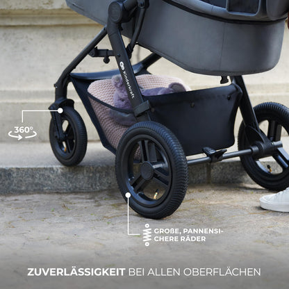 Kinderkraft MOOV2 AIR 4-in-1 Kinderwagen – bis 26kg, I-SIZE 40-75cm, Buggy, verstellbare Liegeposition, XXL-Verdeck, aufblasbare Räder, Schwarz